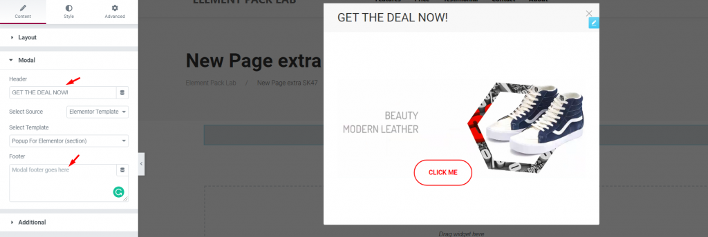 set header footer of pop up elementor