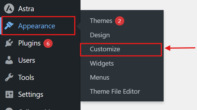 Navigate to Appearance >> Customize. Navigate to Appearance >> Customize.