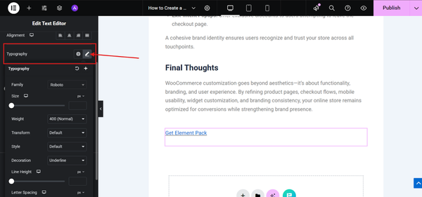 Click on the Typography pencil icon
