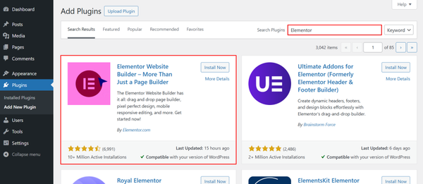 Searching Elementor Plugin on Plugin Search Box