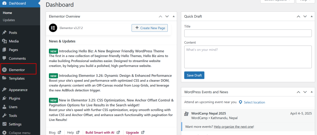 Elementor on your WordPress dashboard