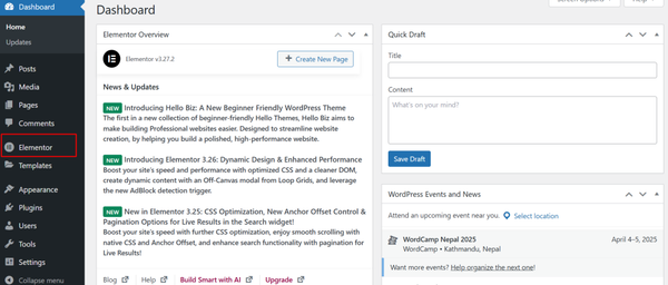 Elementor on your WordPress dashboard