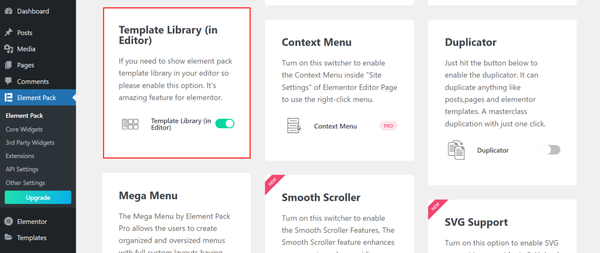 Enabling Template Library in Editor in Element Pack