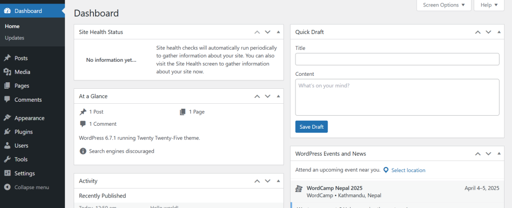 Dashboard of WordPress website