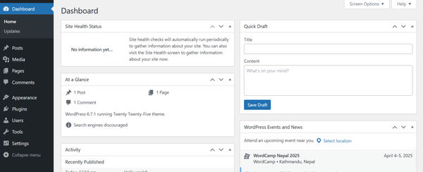 Dashboard of WordPress website