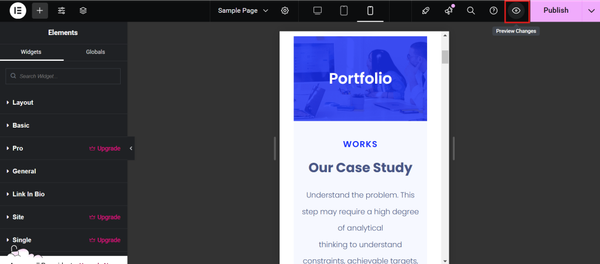 Mobile preview of website built using Elementor