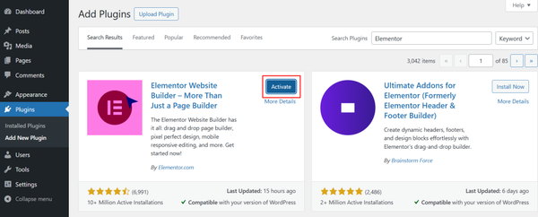 Activating Elementor Plugin on WordPress Website