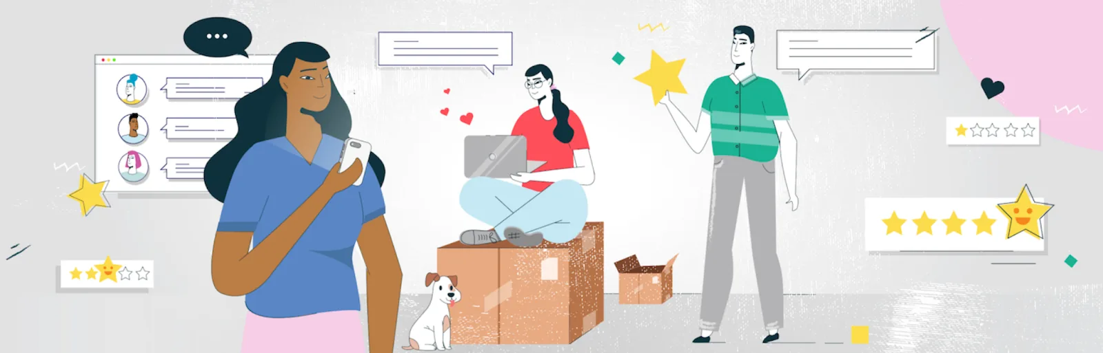 Illustration of shoppers leaving star ratings and reviews after a holiday purchase Illustration of shoppers leaving star ratings and reviews after a holiday purchase