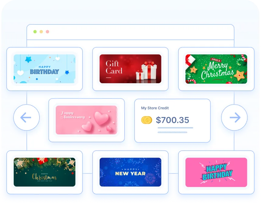 WooCommerce gift card templates for birthdays, Christmas and New Year with a store credit balance WooCommerce gift card templates for birthdays, Christmas and New Year with a store credit balance