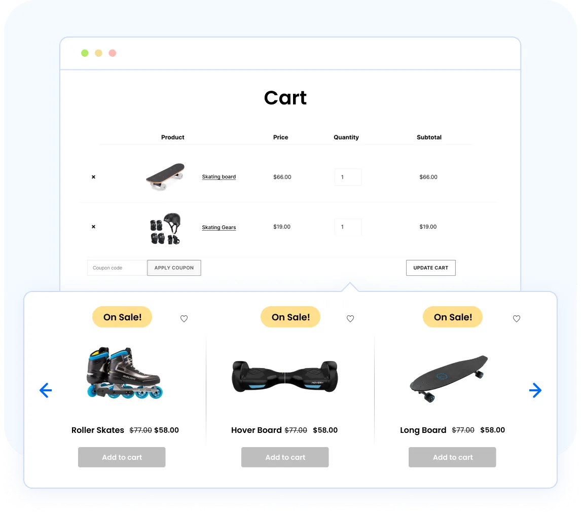Related products carousel displayed below the WooCommerce cart Related products carousel displayed below the WooCommerce cart