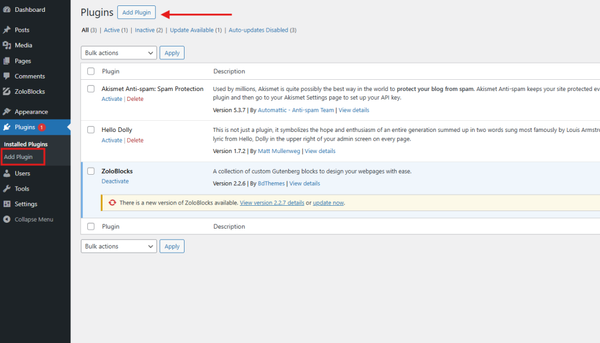 Navigate to Plugins > Add New. Navigate to Plugins > Add New.