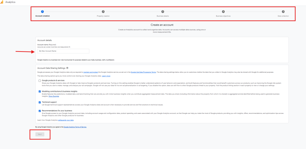 Enter your account and website details, such as name, URL, and industry, then follow the prompts.