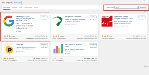 In the search bar, type “Site Kit by Google.” In the search bar, type “Site Kit by Google.”