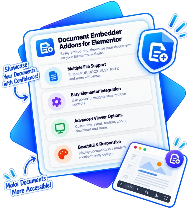 Document Embedder Addons for Elementor features: multiple file support, Elementor integration and viewer options