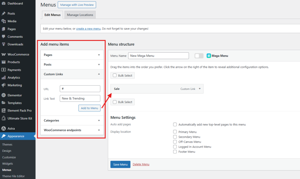 Add menu items (custom links or existing pages) to the menu