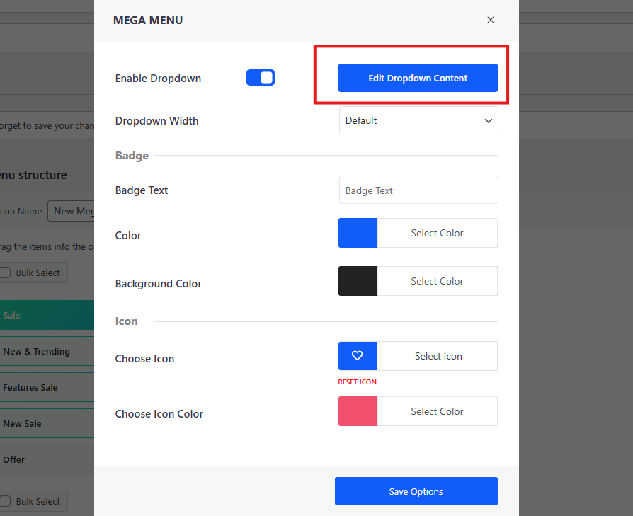 Click on the Edit Dropdown Content