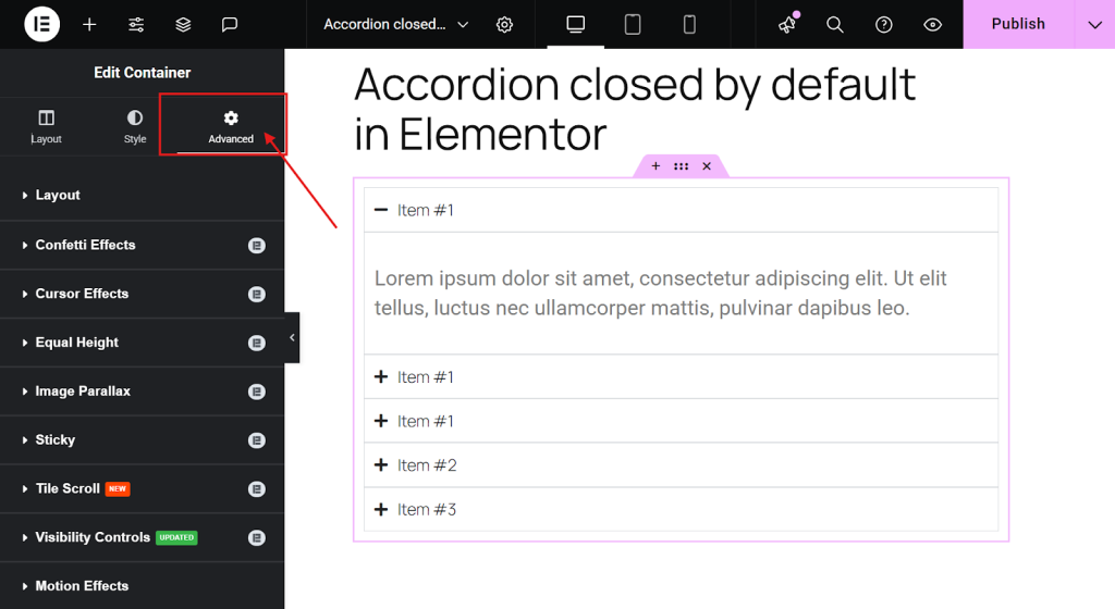 Go to the accordion widget’s Advanced tab