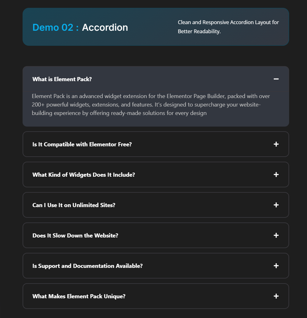 Accordion 02: This is a clean and responsive accordion layout for better readability.