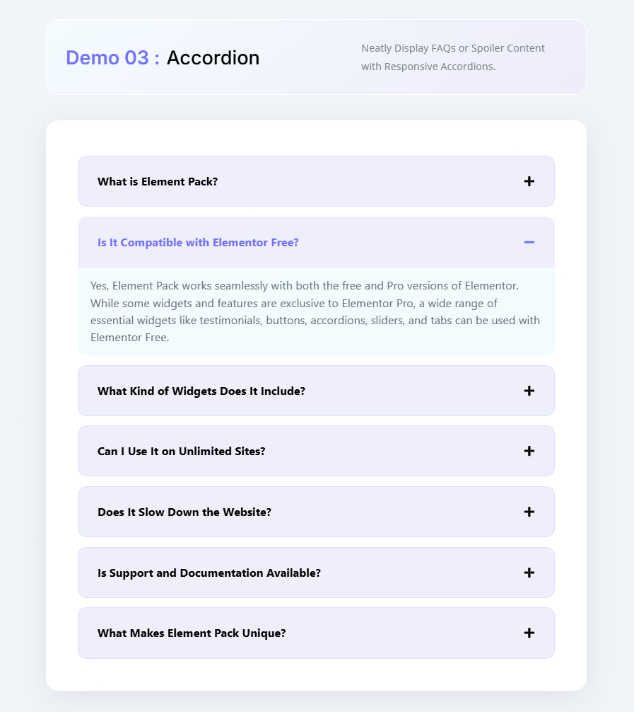 Accordion 03: Neatly display FAQs or spoiler content with a responsive Accordion.